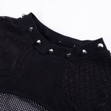 Rosetic Women T shirts Casual Punk Gothic Chic Summer Slim Mesh Hole Rivet Sexy Club Black OL Hip Hop Female Ladies Goth Tops